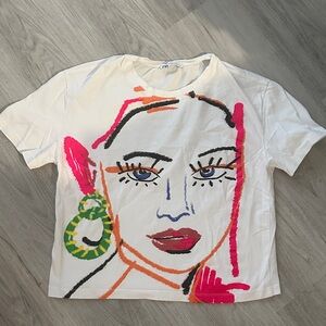 Zara White Tee with Colorful Face Art